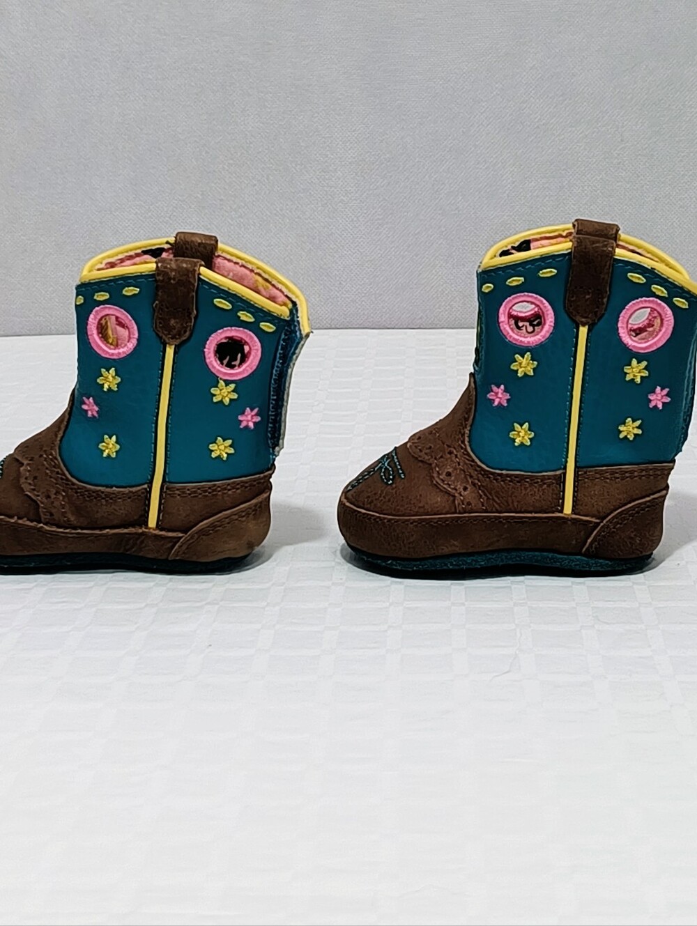 John Deere Brown & Teal Toddler Western Boots with Pink & Yellow Accents - Picture 3 of 8